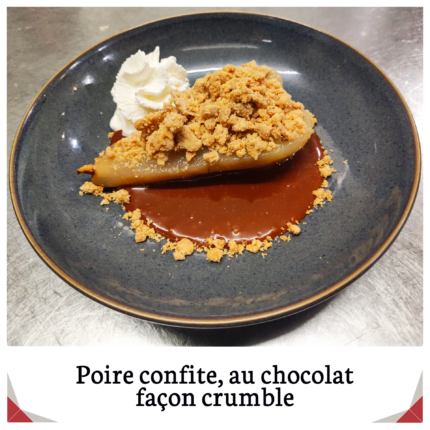 Poire confite, au chocolat façon crumble